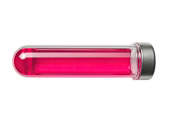 Horizontal test tube with bright pink liquid, stoppered against black