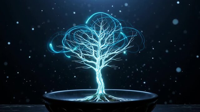 A glowing digital tree with luminous blue lines on a dark background, creating a mystical and futuristic atmosphere