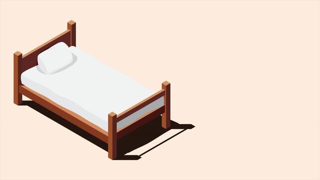Isometric wooden bed with mattress animation. Isometric single bed. Wooden bed frame with mattress, pillow, and blanket. Isometric bedroom furniture. 4K video animated in isometric style