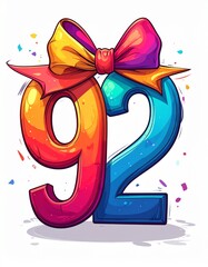 Number 92 wrapped with a festive ribbon on a white background. Image for birthday or anniversary party