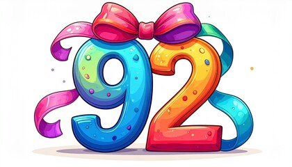 Number 92 wrapped with a festive ribbon on a white background. Image for birthday or anniversary party