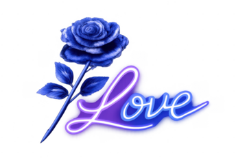 Blue rose and glowing love typography for romance