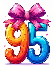Number 95 wrapped with a festive ribbon on a white background. Image for birthday or anniversary party