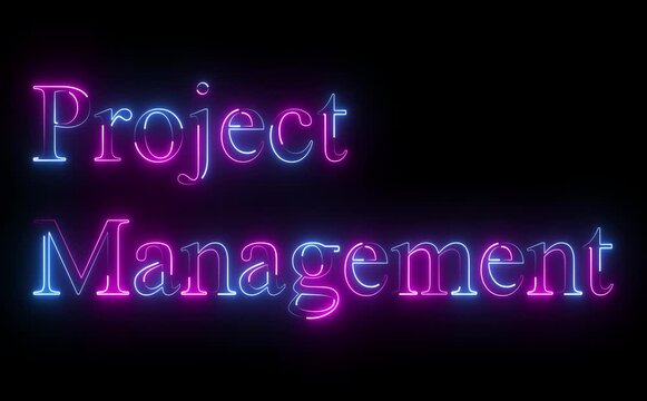 Glowing neon project management text icon animates with pulsing light, smooth looping motion, futuristic colors, symbolizing planning, collaboration, timelines, productivity, digital tools, modern bra
