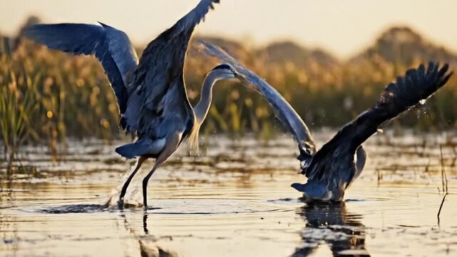 Two blue herons stand knee-deep in warm water, facing each other with a fish between beaks at dawn!!