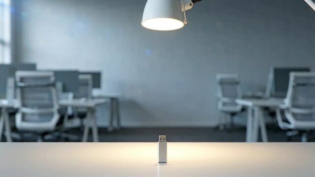 Minimalist office environment featuring a single USB flash drive illuminated by a desk lamp, surrounded by modern white office furniture