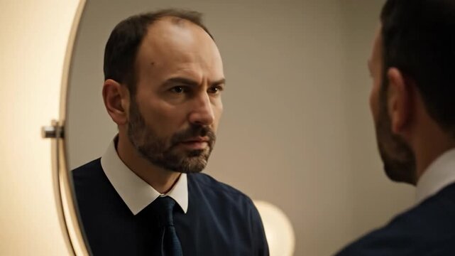 Man looking at balding reflection in mirror