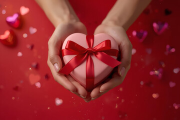 Concept for Valentine's Day. Close-up of a woman's hands holding a heart-shaped gift with a satin bow for Valentine's Day.