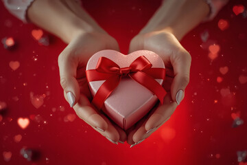 Concept for Valentine's Day. Close-up of a woman's hands holding a heart-shaped gift with a satin bow for Valentine's Day.
