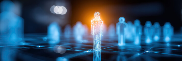 defocused People silhouettes stand in line with bright bokeh, symbolizing community network.