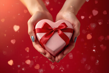 Concept for Valentine's Day. Close-up of a woman's hands holding a heart-shaped gift with a satin bow for Valentine's Day.