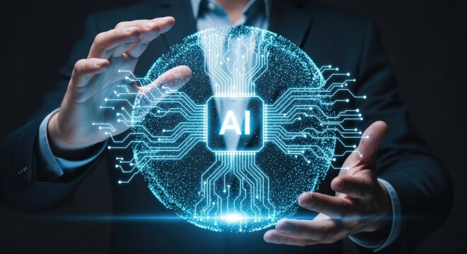 Artificial Intelligence Sphere Held by Business Professional Depicting Advanced Technology and Digital Transformation in Dark Background - Powered by Adobe