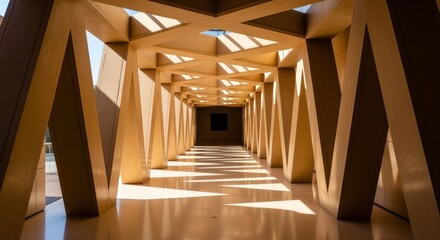 Naklejka premium Architectural Interior with Geometric Design, Sunlight, and Perspective, Featuring Modern Building Structure