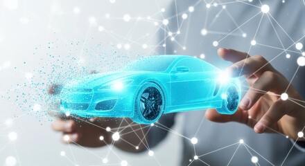 Automotive Technology Concept: Holographic Vehicle Model Displayed with Digital Network Connection in a Person's Hands
