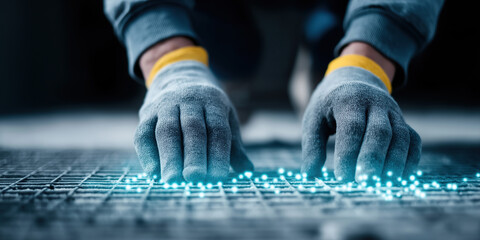 Gloved hands touch glowing grid, representing smart manufacturing and automation.