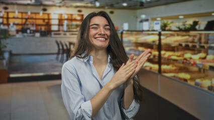 Young hispanic woman clapping hands in a brightly lit restaurant building; warm welcoming happiness...