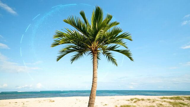 A solitary palm tree stands against a bright blue sky, overlooking a serene beach with gentle waves in the distance