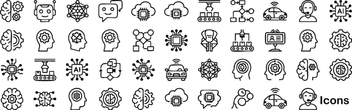 Artificial intelligence line icon set with brain robot chip cloud network car and user symbols