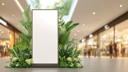 Obraz premium Blank Advertising Display in Modern Shopping Mall with Natural Green Plant Decoration for Mockup