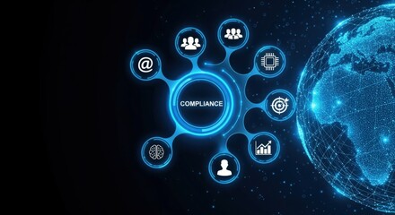 Compliance Network Illustration: Digital Security, Data Protection, Regulatory Adherence, and Global Business Strategy on Dark Background