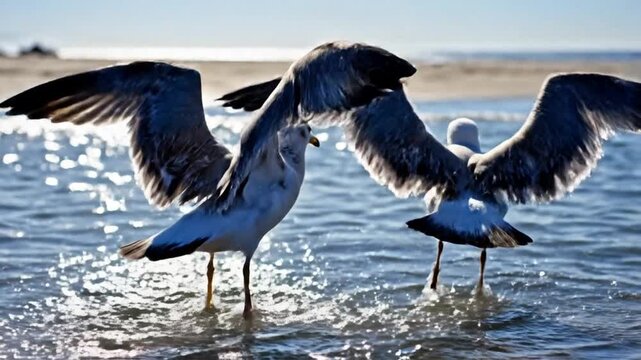 Two seagulls face each other on gleaming water, spray catching light under bright sunlit waves near