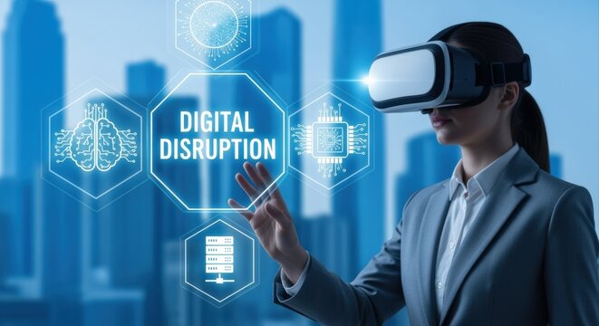 Woman experiencing digital disruption through VR headset in front of city skyline, embracing technological advancement - Powered by Adobe