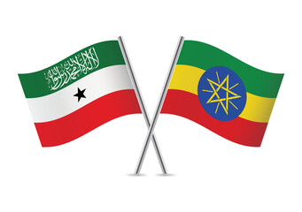 Vector illustration of Somaliland and Ethiopia crossed flags isolated on a white background.