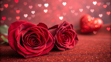Two Deep Red Roses, One Sculpted into a Heart Shape, Romantic Valentine's Day Background with Bokeh