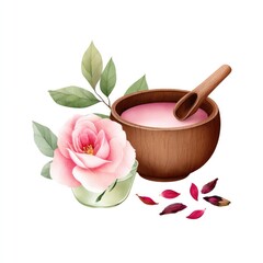 Watercolor cartoon apothecary scene with rose ritual and wooden bowl for natural beauty treatments on white background