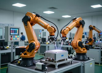 Fototapeta premium Artificial intelligence controlled robotic arms working in futuristic automated manufacturing factory