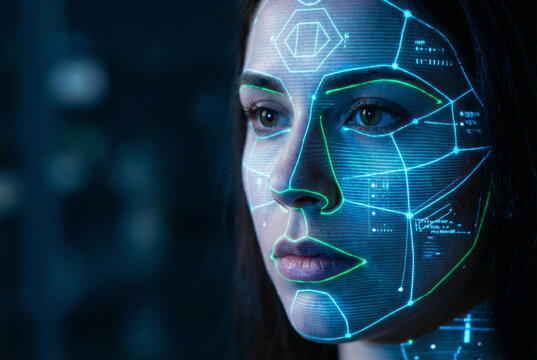 Artificial intelligence facial recognition scanning human face with futuristic digital grid