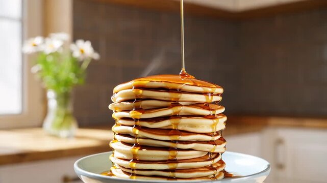 A steaming stack of pancakes drizzled with syrup in a well-lit kitchen, with flowers in the background, evoking a cozy breakfast atmosphere