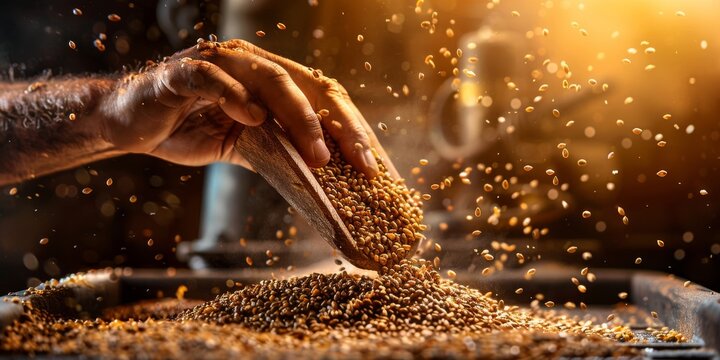 Brewer pouring barley grains for beer production with wooden shovel