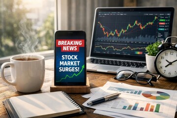 Breaking stock market surge alert displayed on smartphone next to laptop charts coffee notebook office desk setup