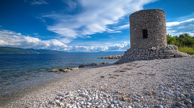 A stone tower on a pebbly beach.  It represents balance for your mind, body, and spirit &ndash; a place for mental well-being.

