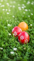 Fototapeta premium Easter sunday decorated eggs in green grass with white flowers