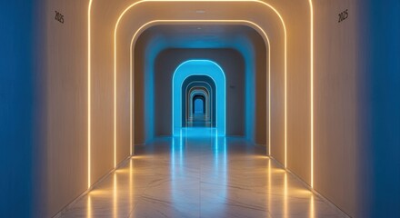 Fototapeta premium Abstract Illuminated Corridor with Repeating Archways and Symmetrical Design Featuring Blue and Warm Yellow Lighting