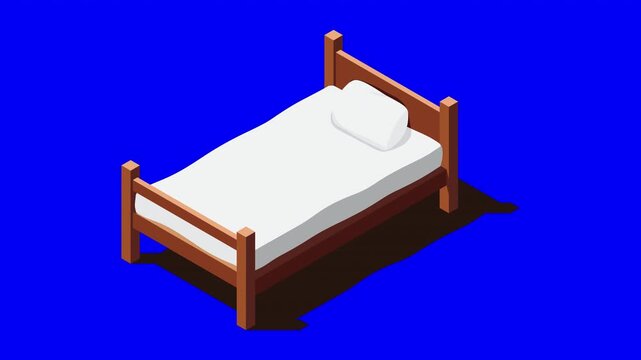 Isometric wooden bed with mattress animation. Isometric single bed. Wooden bed frame with mattress, pillow, and blanket. Isometric bedroom furniture. 4K video animated in isometric style