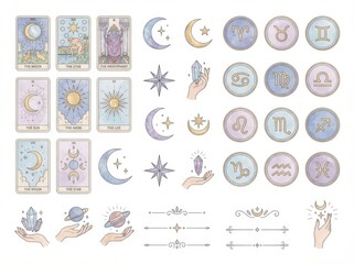Fototapeta premium soft astrology set of astrology and mystic symbols tarot-style icons and hands useful for infographics presentations and ui elements isolated on white background