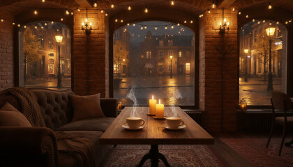 Romantic candlelit lounge interior with cozy sofas, warm ambient lighting, rustic brick walls and glowing windows, creating an intimate evening atmosphere for relaxation and comfort.