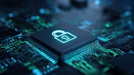 Cybersecurity Microchip with Lock Icon Illuminating Hi-Tech Circuitry, Representing Digital Security and Data Protection