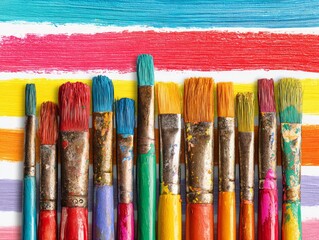 Fototapeta premium Colorful Paintbrushes Aligned Against Vibrant Horizontal Brushstrokes in Rainbow Sequence