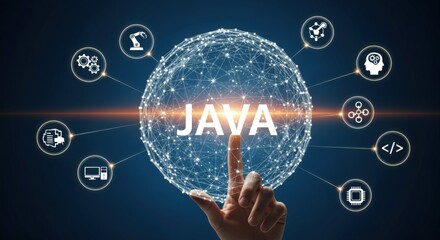 Java Programming Concept with Hand Touching Screen Displaying Technology and Innovation for Software Development