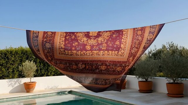 A vibrant patterned fabric billows in the gentle breeze, hung between two rustic pots near a tranquil pool on a sunny day