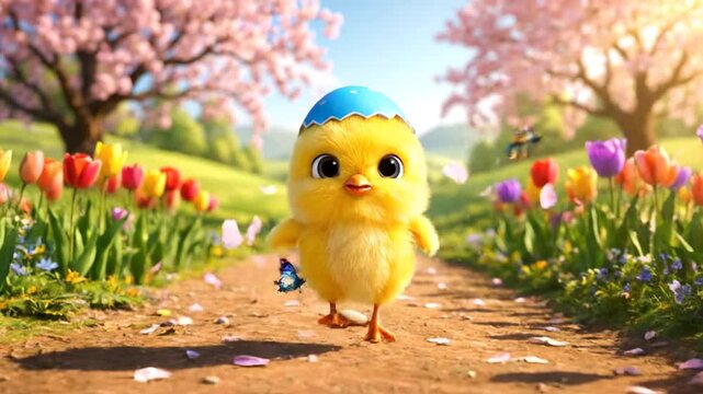 A yellow chick wearing blue hat walks on dirt path surrounded by blooming flowers and trees in a sunny landscape
