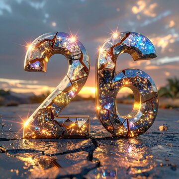 A large, metallic, fragmented number "26" shimmers with inner light against a scenic dusk landscape. The surface is cracked, sparkling with colour
