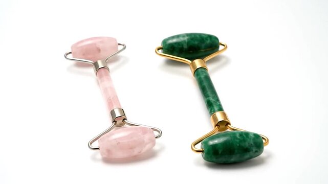 Pink and green stone face rollers on white