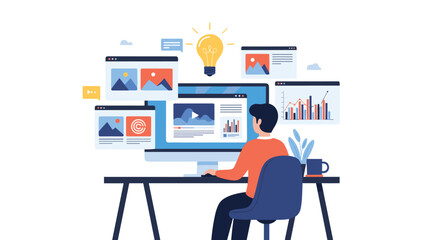 Digital content creator works at a computer desk surrounded by floating windows of photos, videos, and data charts.