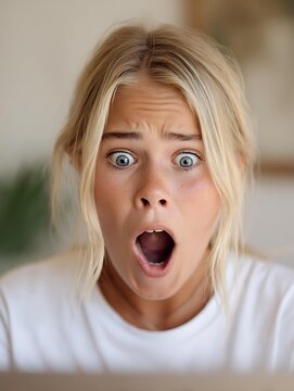 Young woman confused by sudden system update screen surprised eyes modern workspace, Realistic Photo