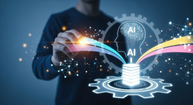 Artificial Intelligence Innovation Concept: Man Interacting with Digital Brain, Data Processing, and Neural Network - Powered by Adobe